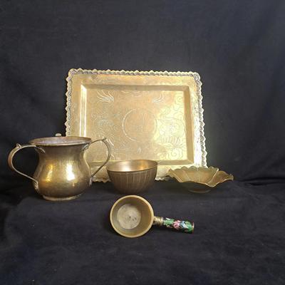 Asian-Inspired Brass Serveware Lot w/ Engraved Dragon Tray & Cloisonné-Handled Ladle 