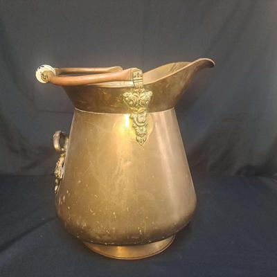 Brass Scuttle, w/ Delft Blue Porcelain Handle. 

