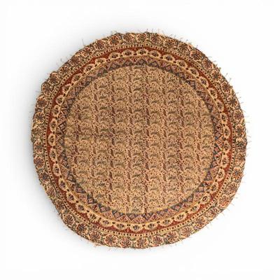 Sale Photo Thumbnail #76: Round antique Arabic linen table cloth, hand printed Ghalamkar, 56 inch diameter