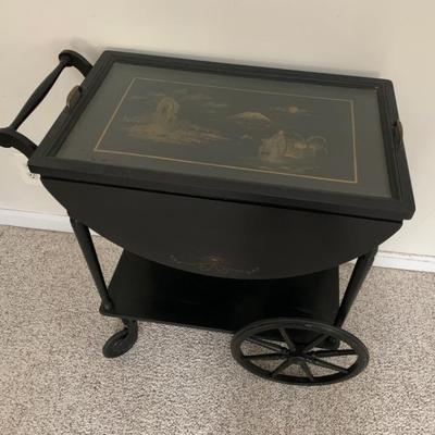 Sale Photo Thumbnail #49: Early 20th c. painted tea cart w/ hand painted Chinoiserie  decoration.