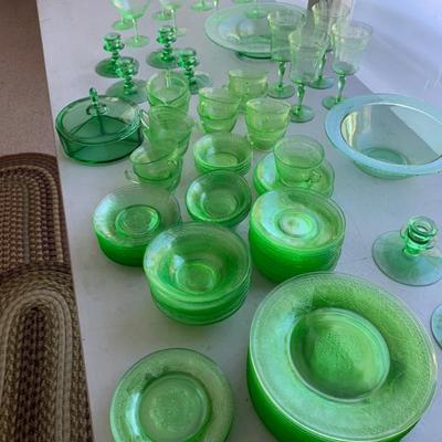 Sale Photo Thumbnail #21: Lg. lot uranium green depression glass including Federal Glass Co. Georgian ( Lovebird ) pattern.