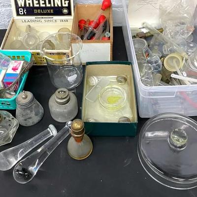 Vintage Chemistry Glassware With Stoppers, Bottles, Burners And Beakers