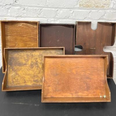 Vintage Dovetail Oak And Walnut Letter Trays, One Globe-Wernicke 
