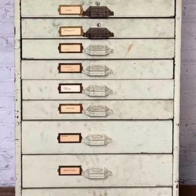 Industrial Antique/Vintage Flat File Storage Cabinet W/ Casters, Chippy Green Paint