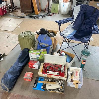 Camping Gear with Propane Lantern, Stove, Sleeping Bag, Chairs +