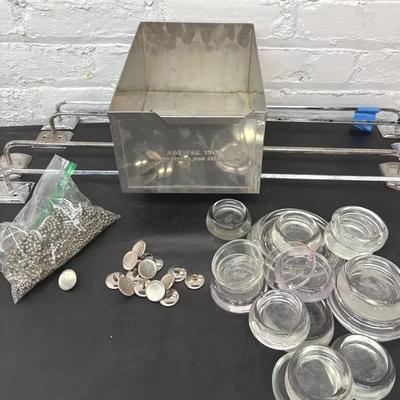 Retro Chrome Towel Bars, Stainless Box, Lab Dishes, And Vintage Card Holders