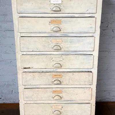 Antique 8-Drawer File/Slide Cabinet In Chippy White Paint