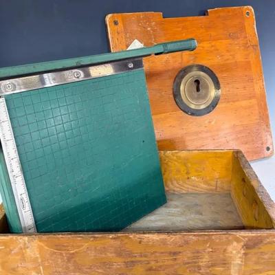 Vintage Paper Cutter With Box And Antique Camera Mount Board 