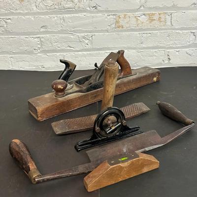 Antique Draw Knife And Curved File, Plane, Rasp And Levels