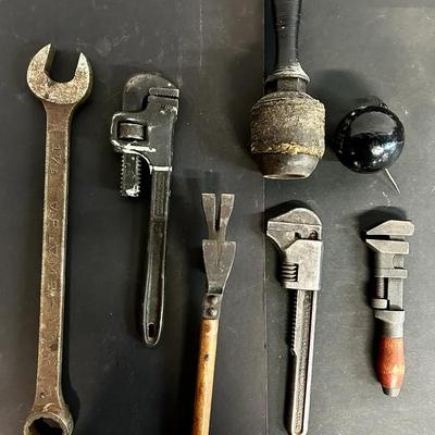 Antique Iron And Leather Mallet, Large Plomb 1 7/16” Wrench And Other Vintage And Antique Tools 