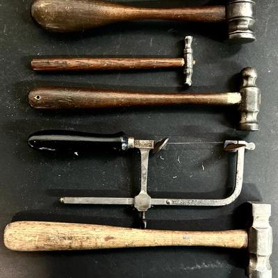 Antique Jeweler’s Saw And Hammers With Silversmith’s Planishing Hammers, Pliers And More