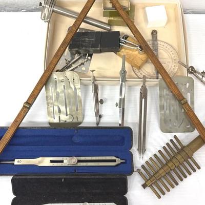 Antique Drafting Tools With Proportional Dividers, Compasses And Brass Cork Borer 