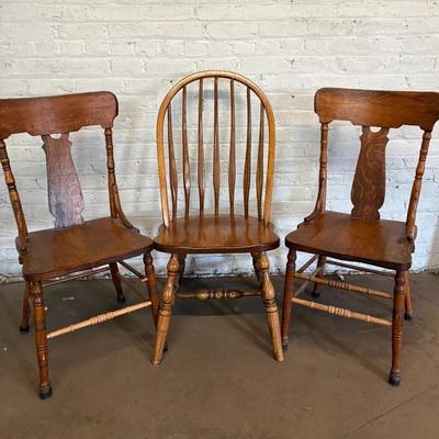 Three Oak Chairs, And Folding Step Stool, Vintage 