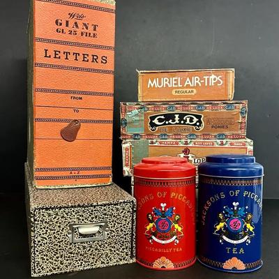 Vintage Paperboard Boxes With Cigar And Industrial Boxes, Tea Canisters