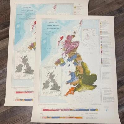 Vintage Tectonic Maps Of Great Britain & Northern Ireland (2 Copies)