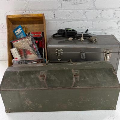 Two metal tool boxes and wooden storage box containing miscellaneous tools 