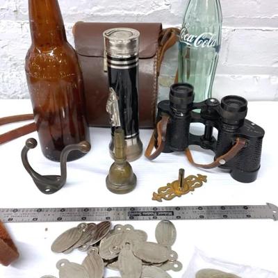 Vintage Collectibles With Key Chain Fobs, Vincent Bach Brass Mouthpiece, Amber Beer Bottle +