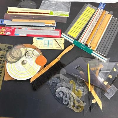 Vintage Drafting Tools With Rulers, Binary Slide Rule, Protractors +