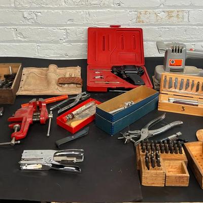 Various Tools With Drill Bit Set, Soldering Gun, Bench Vise, Die Stamps And More