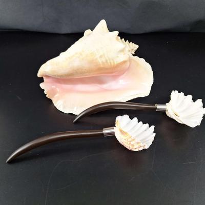 Seashell and Wooden Serving Utensils and Large Queen Conch Shell 