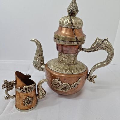 Antique Tibetan Copper Teapot and Creamer with Dragons - Marked Made in India 