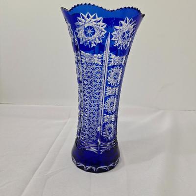 Manyo Kiriko Blue Glass Vase 22cm Decorative Art Condition