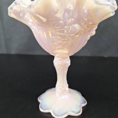 Fenton Pedestal Candy Dish Cabbage Rose Iridescent Pink 
