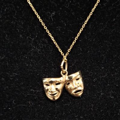 14K Yellow Gold Solid Theater Mask Necklace with Chain 4g