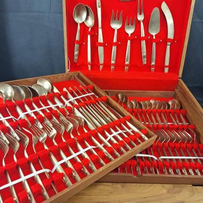 Rare Thailand 12 Piece Flatware Rosewood Bronze Wooden 3 Drawer Display Case with Vintage 1950's 