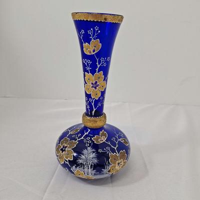 Antique Moser Cobalt Blue Vase with Coralene Enameled Flowers 