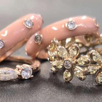 .925 Sterling Silver Vermeil Enamel (2) + CZ (2) Rings, Size 5 