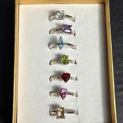 .925 Sterling Silver Rhodium Plated Multicolored Gemstones Rings, Size 6 (7)