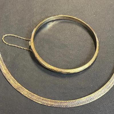 .925 Sterling Silver Engraved Bangle (1) +. 925 Silver 7” Herringbone Bracelet (1)
