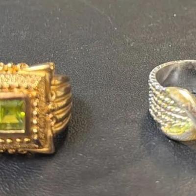 .925 Sterling Silver X Ring (1) + .925 Vermeil Peridot Ring (1) Size 6