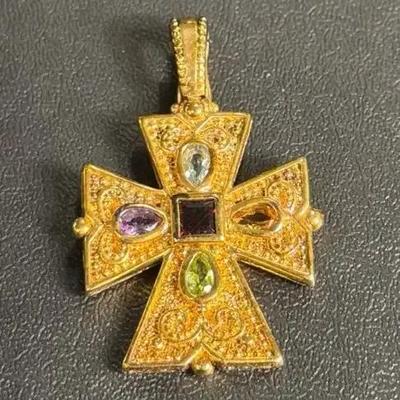 .925 Sterling Silver Vermeil Multi Stone Cross 
