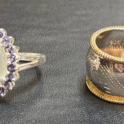 .925 Sterling Silver Moonstone (1) & .925 Cigar Band (1) Rings, Size 5 3/4 