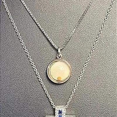 .925 Sterling Silver 18” Link Chain W/Blue CZ Cross + .925 16” Box Chain W/Steel Mustard Seed Charm 