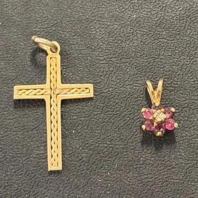 .5452 14K Gold Cross (1) + .4193 10K Gold Ruby & Diamond Charm (1)