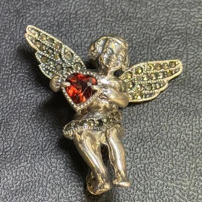 .925 Sterling Silver Guardian Angel W/Garnet Heart Pin