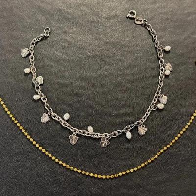 .925 Sterling Silver Butterfly & Pearl Bead 9" Charm Anklet (1) + .925 Vermeil 9” Bead Anklet (1)
