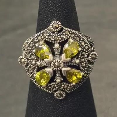 .925 Sterling Silver Lemon Citrine & CZ Ring, Size 6