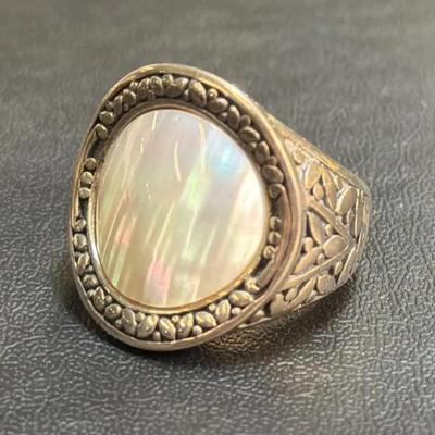 .925 Sterling Silver Mother Of Pearl Filigree Ring, Size 6 