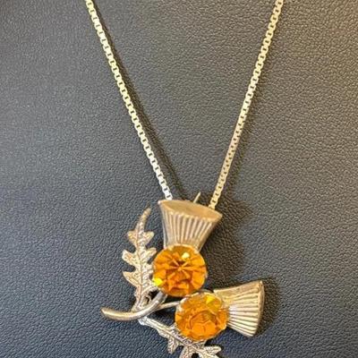 .925 Sterling Silver CZ Scottish Thistle Charm/Brooch (1) On .925 24” Box Necklace Chain (1)