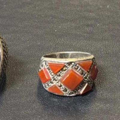 .925 Sterling Silver Redstone, Sizes 6 & 5 1/4 (2) + Diamond Cut, Size 5 1/4 (1) Rings 