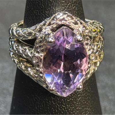 .925 Sterling Silver Amethyst Filigree Ring, Size 6