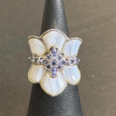 .925 Sterling Silver Blue Lace Agate & Amethyst CZ Flower Ring, Size 6