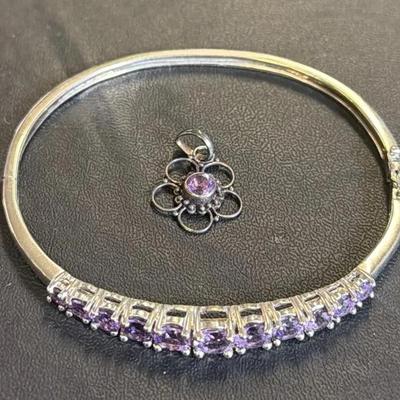 .925 Sterling Silver Amethyst Hinge Bracelet (1) + .925 Amethyst Charm (1)