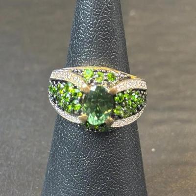 .925 Sterling Silver Vermeil Natural Green Apatite & CZ Ring, Size 6