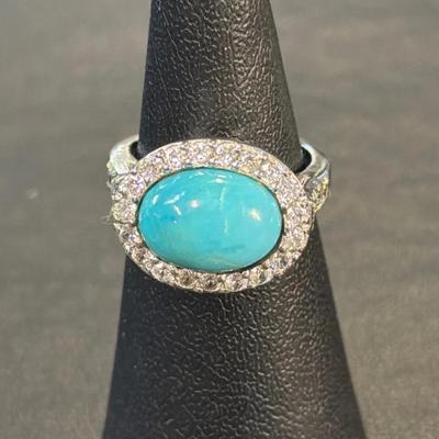 .925 Sterling Silver Turquoise & Diamonique Ring, Size 6