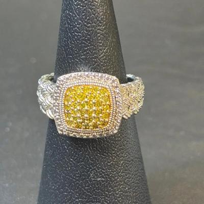 .925 Sterling Silver Square Yellow 1/4 CT Canary Yellow Diamond Ring, Size 6